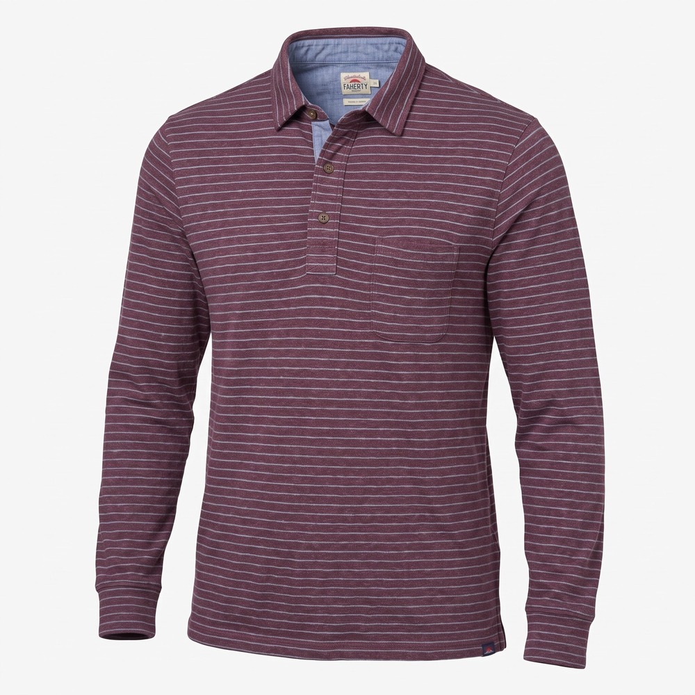 Faherty Long-Sleeve Luxe Striped Polo Mens Large Burgundy Blue Organic Cotton